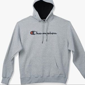 🍓 CHAMPIONS GRAY HOODIE WITH LOGO NAME ON FRONT AND SMALL LOGO ON SLEEVE SIZE L